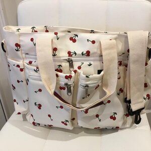 White Nylon Shoulder Bag Adorned w/Red Cherries and Crossbody Strap Zip Top NWOT